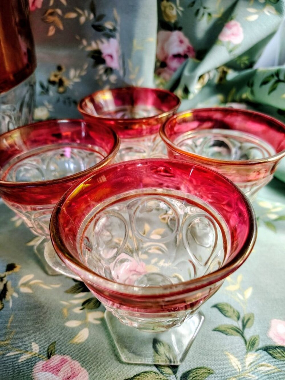 Vintage 1960s Indiana Glass Company Cranberry Red Glass Bowl, 11 Glasses, Set - Picture 3 of 16